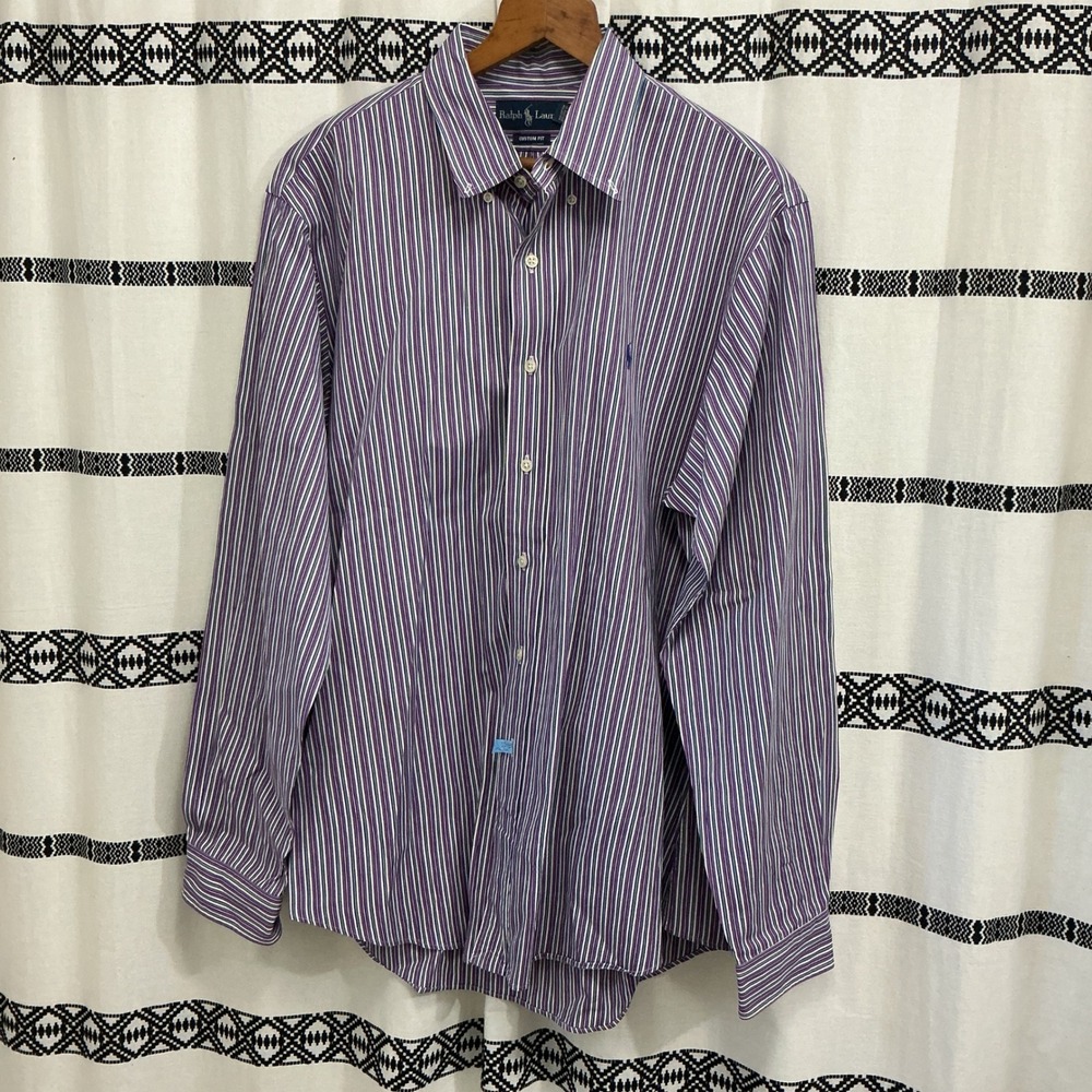 Ralph Lauren Mens XL Custom Fit Striped Purple Long Sleeve Button Down Shirt